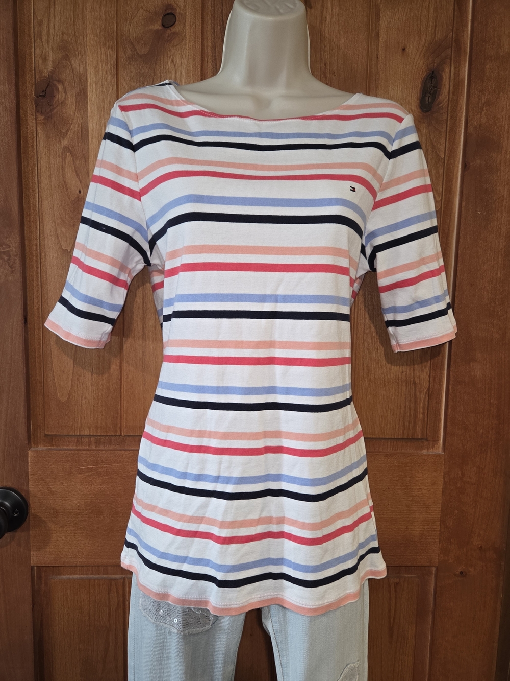 Tommy Hilfiger Women's White Striped Boatneck Top Coral & Navy